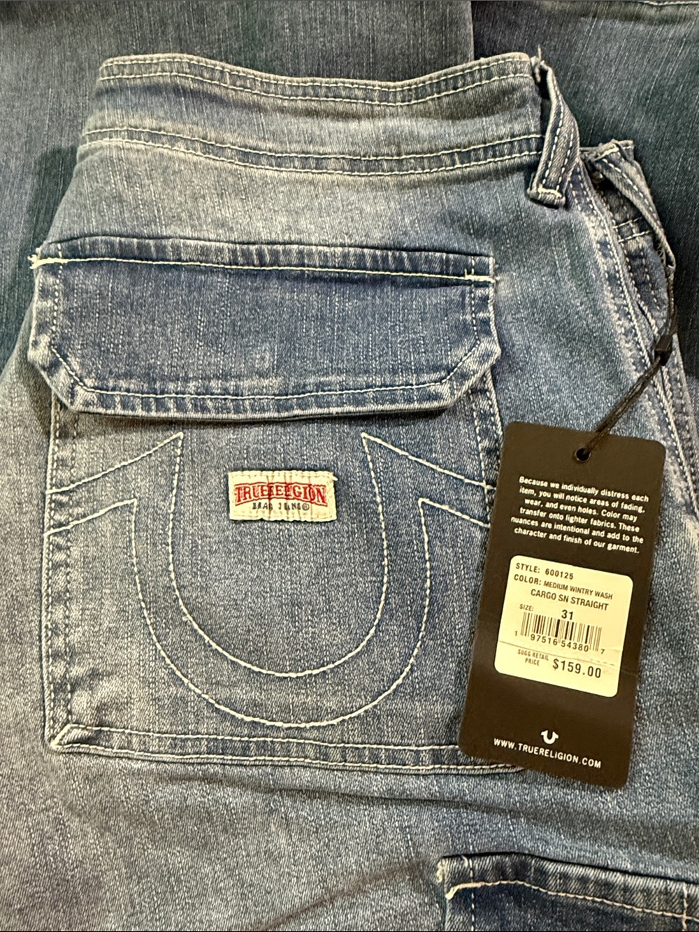 True Religion Women's Medium Blue Wash Straight Leg Cargo Jeans